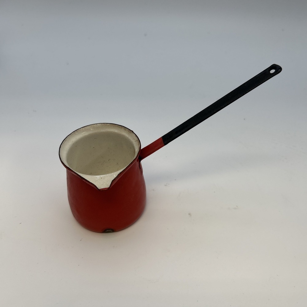 VTG Red Enamelware Handled Dipper Ladle Pour Spout Sauce Pot Poland Farm Cottage